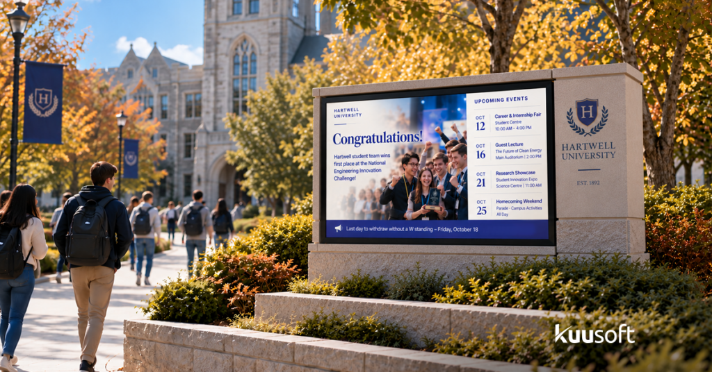outdoor digital sign for school displaying upcoming events and achievements