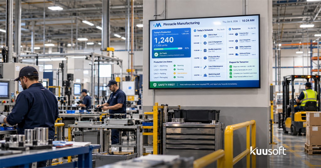 Manufacturing floor using digital signage to display real-time production KPIs and safety updates