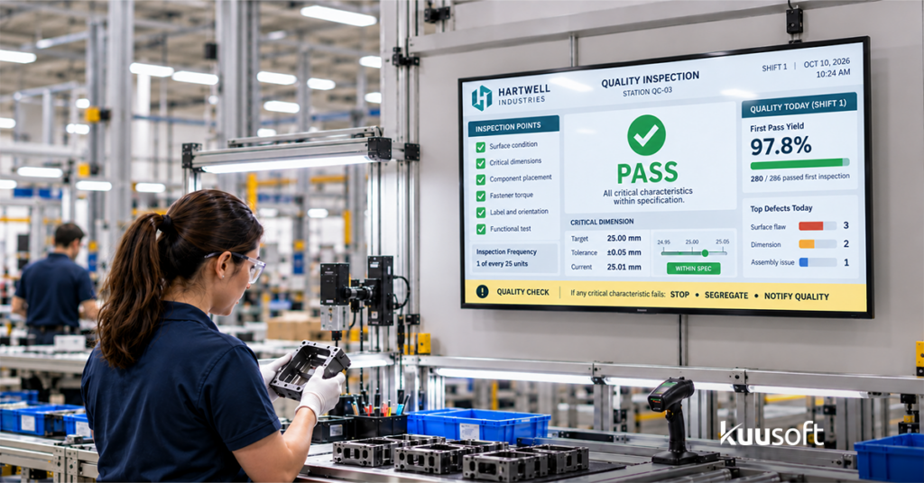 Manufacturing quality control station with digital inspection standards and pass fail status display