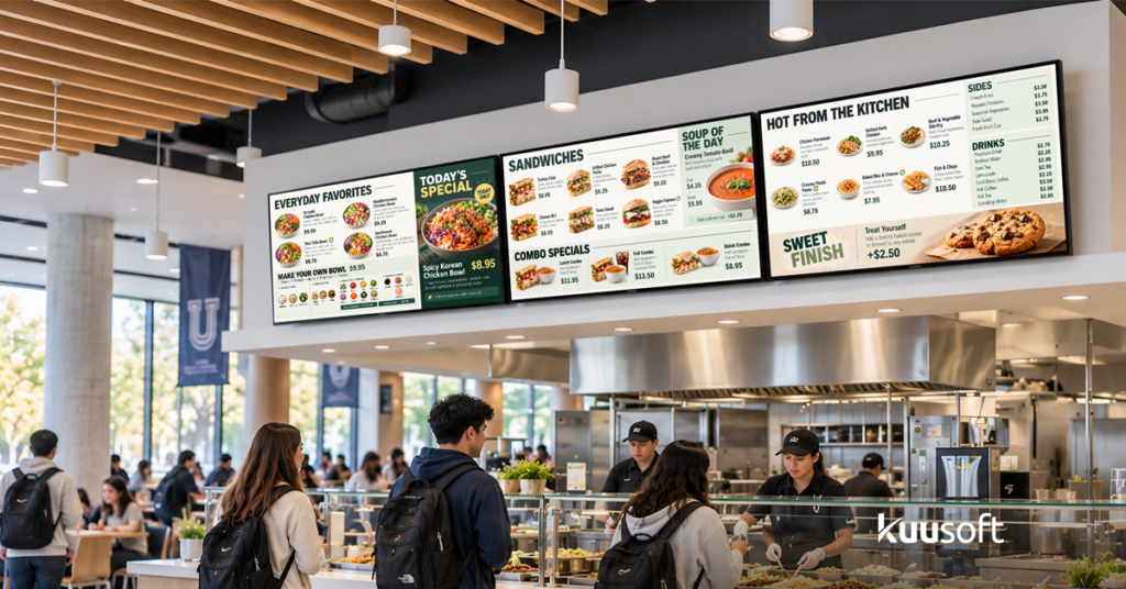 school cafeteria digital signage displaying today&rsquo;s lunch menu with nutrition info