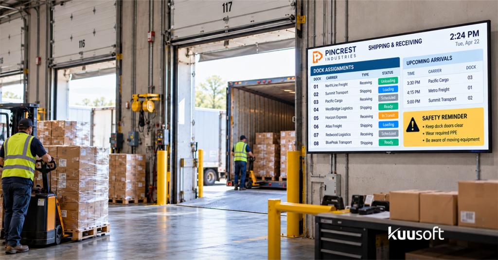 Warehouse loading dock digital signage showing dock assignments shipment status and safety instructions