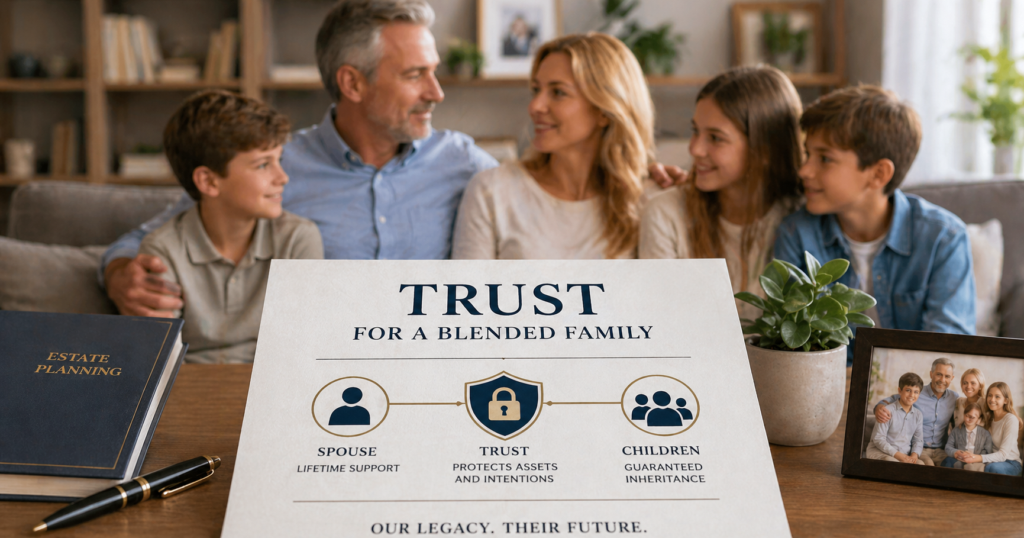 A family sitting together with a picture of a trust document