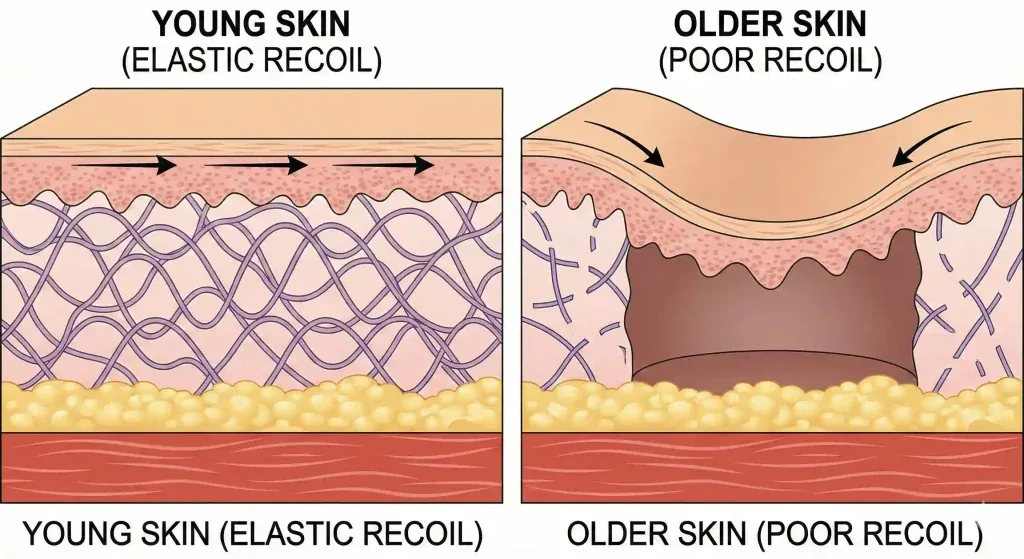 diagramă anatomică comparând pielea elastică tânără și cea lăsată la vârstă înaintată după liposucție