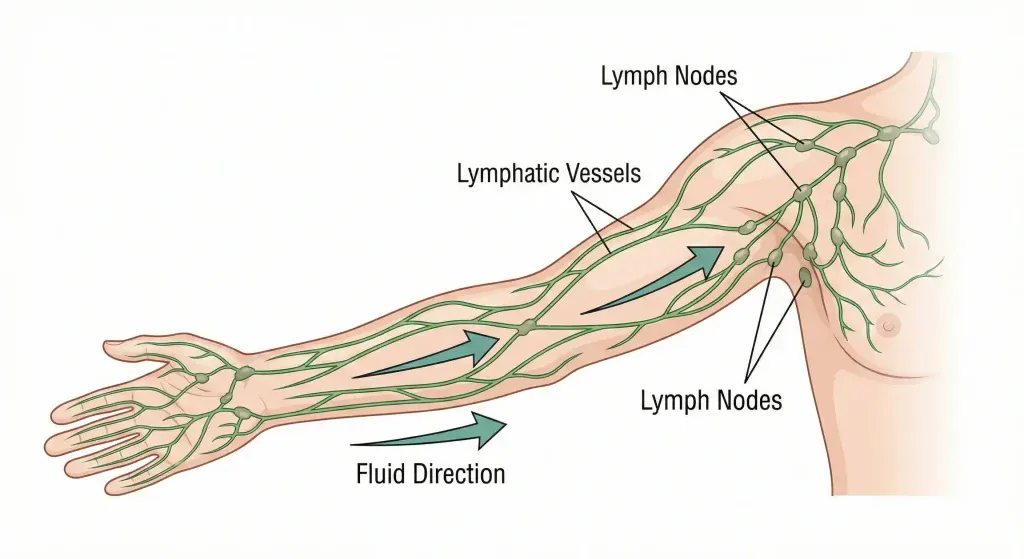 diagrama anatomică a sistemului limfatic, indic&acirc;nd direcția fluxului de lichid