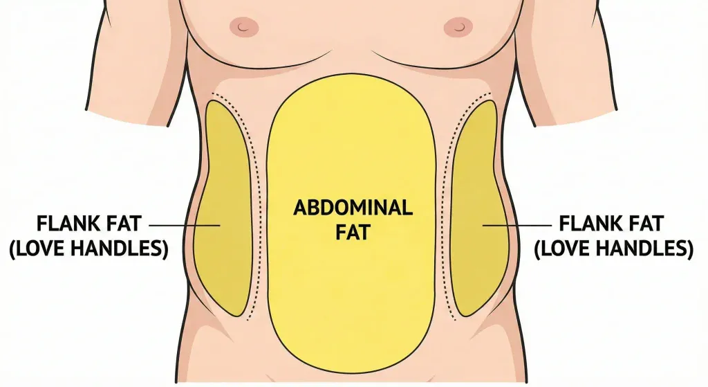 diagrama anatomică arătând compartimentele de grăsime distincte ale abdomenului și șoldurilor