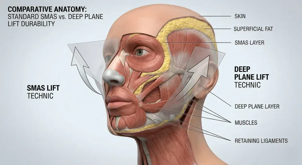 Model 3D comparând ridicările SMAS și deep plane