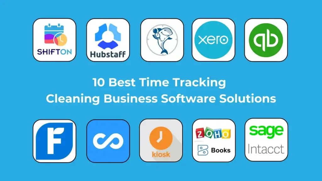 Best time tracking software logos for cleaning businesses on a soothing blue backdrop.