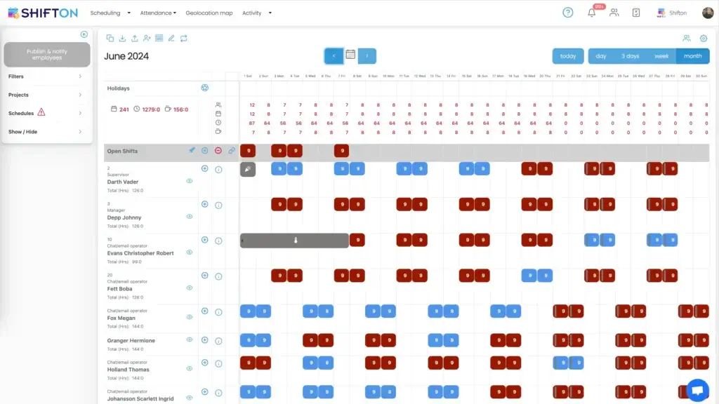 June 2024 employee shift schedule table displayed.