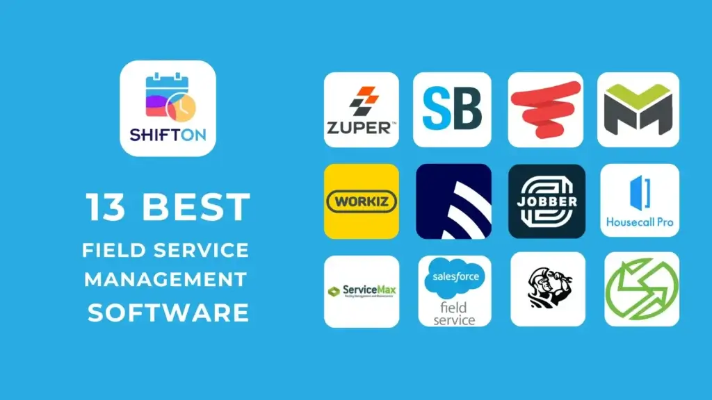 Top 13 field service management software logos on a vibrant blue background.