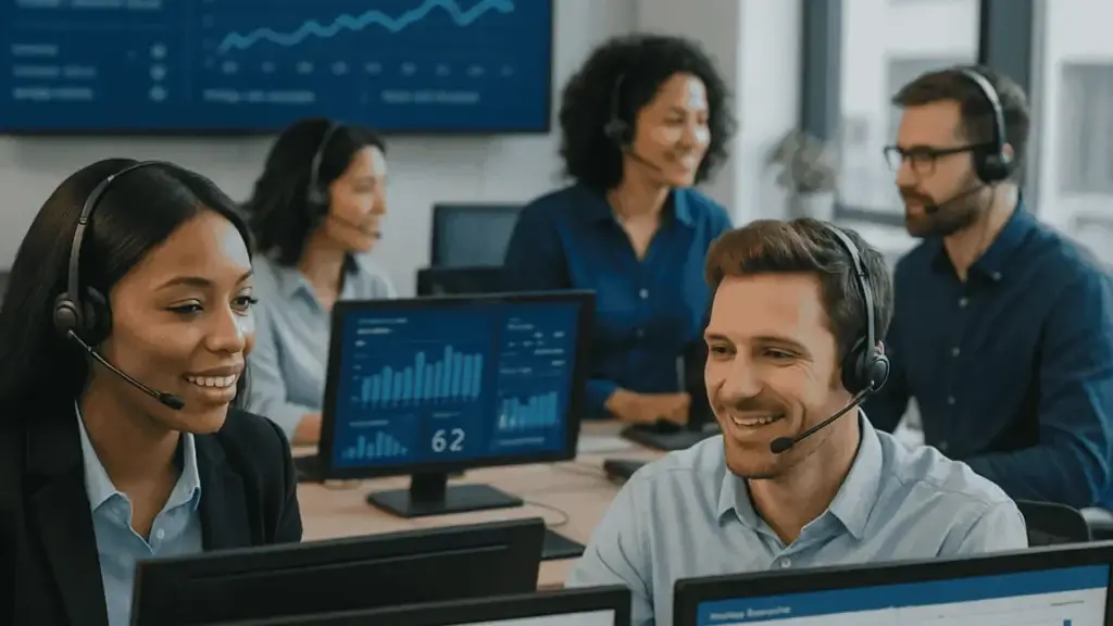 Customer service team working at computers with headsets.