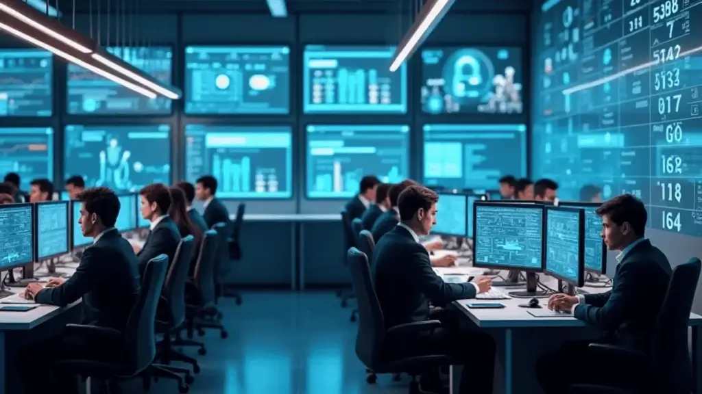 Team analyzing data on multiple computer screens.