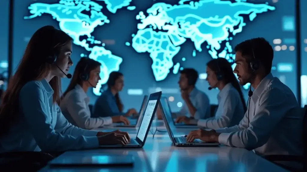 Call center team working on laptops, world map displayed.