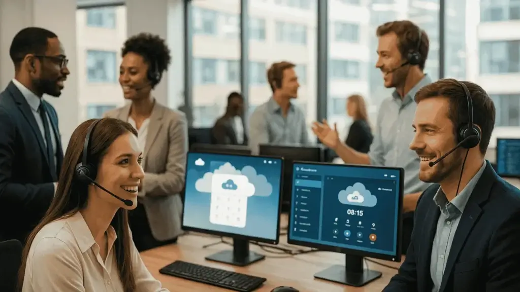Customer service team using headsets in office