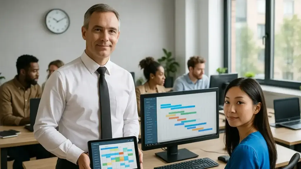 Business team working on charts in office meeting.