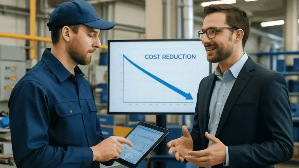 Two men discuss cost reduction in factory