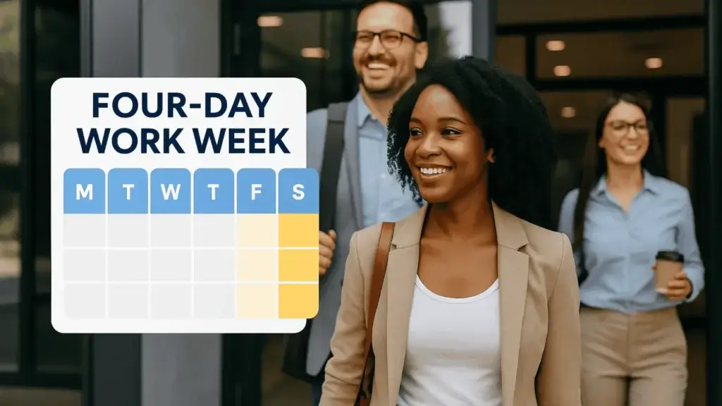 Smiling professionals embrace four-day work week.