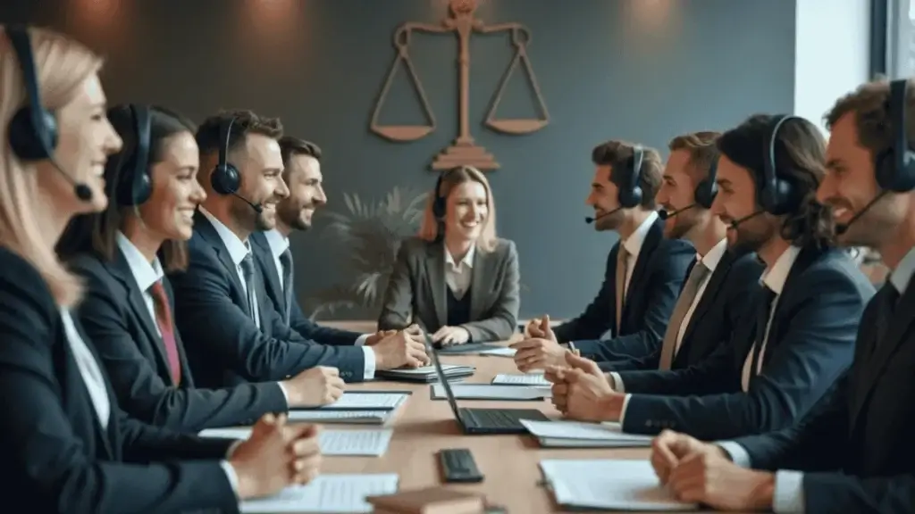 Team meeting with headsets, legal scales background.