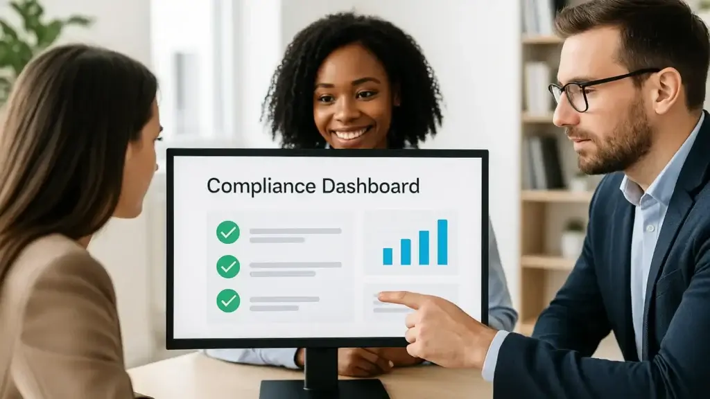 Team reviewing compliance dashboard on computer screen.