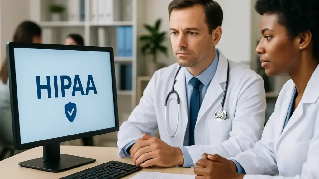 Doctors discussing HIPAA compliance at computer.