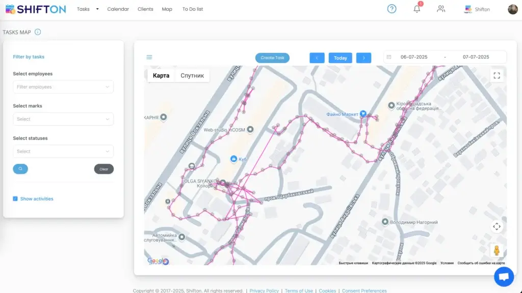 Task management interface with map and filters.