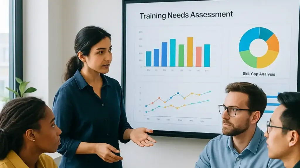 Presenting training needs assessment with graphs and charts.