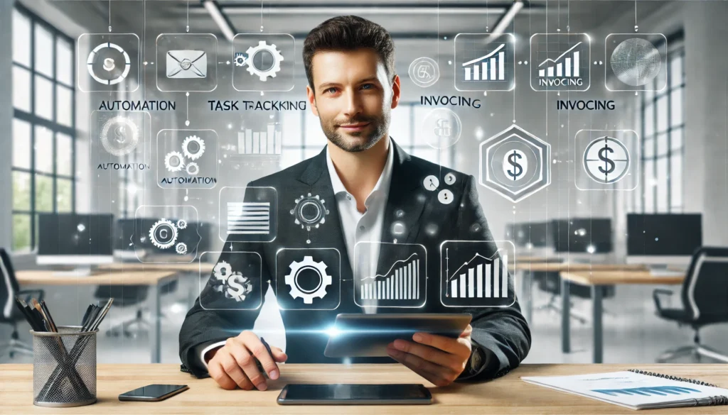 Businessman working with automation technology icons.