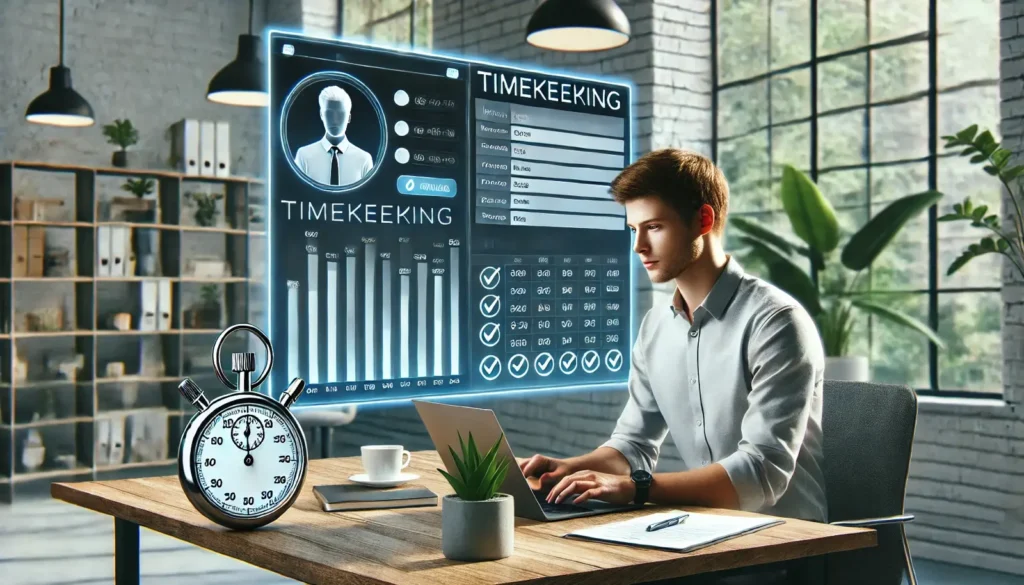 Timekeeping software illustration with clock and computer.