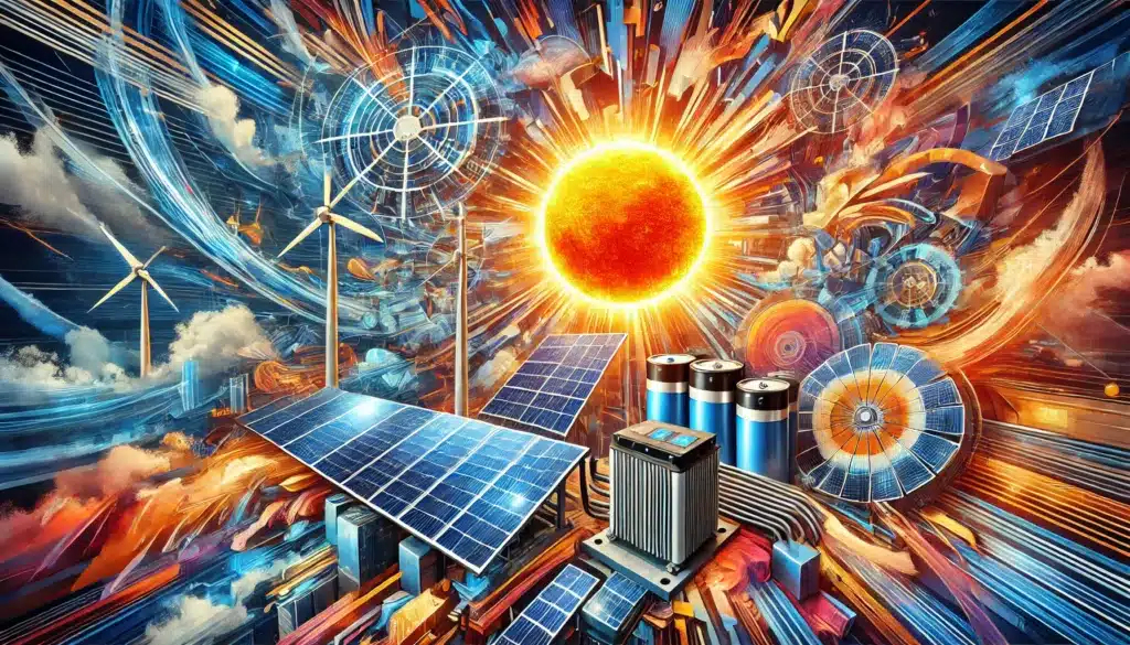 Collage of solar panels, solar batteries, inverters, and renewable energy.