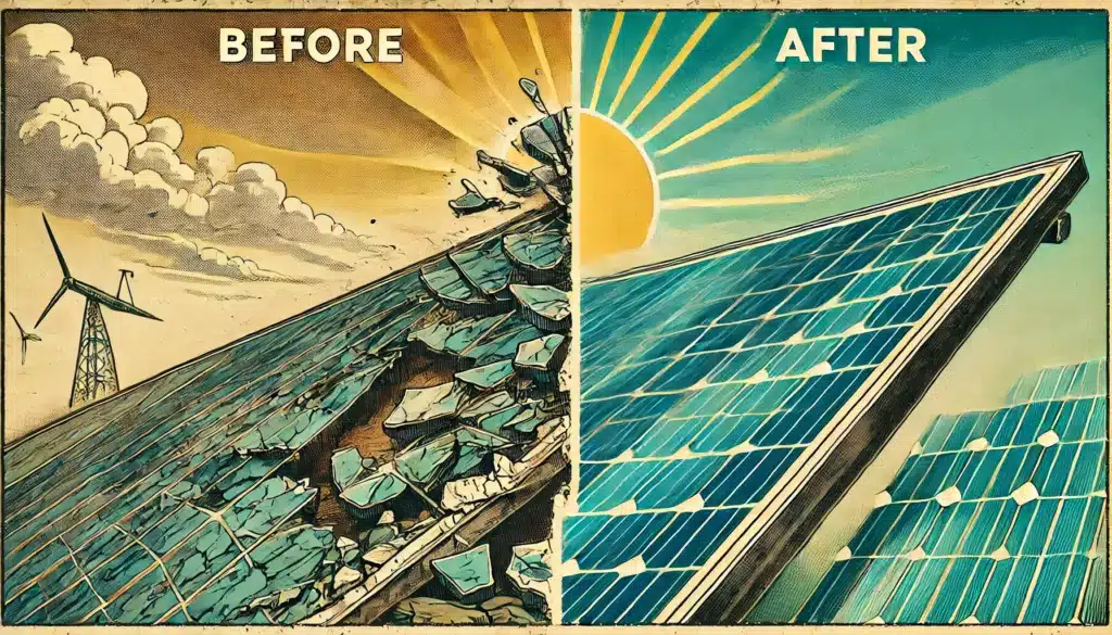 Before and After illustration with broken solar panels on the left and brand new repaired solar panels on the right.