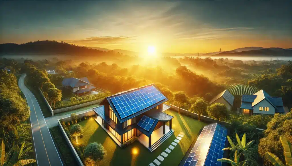 Sun rising over house with solar panels on the roof.