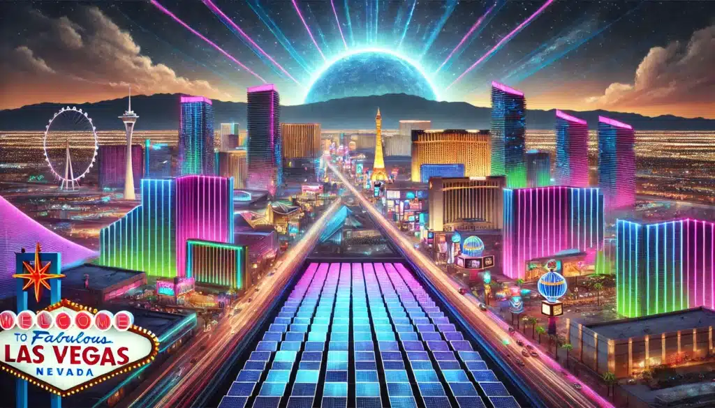 Neon Las Vegas solar energy collage.