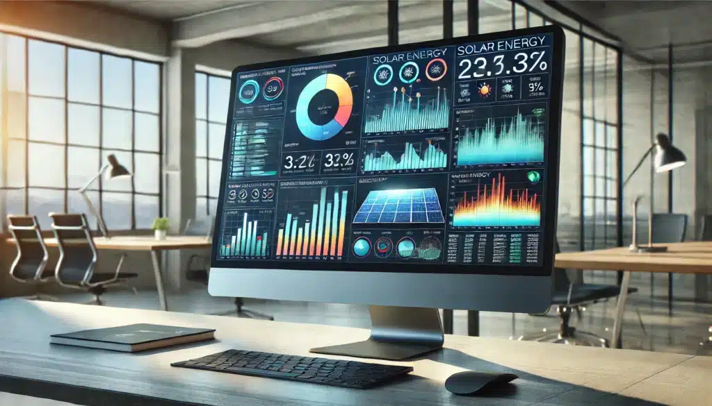 computer monitor in an office showing charts and graphs of solar production