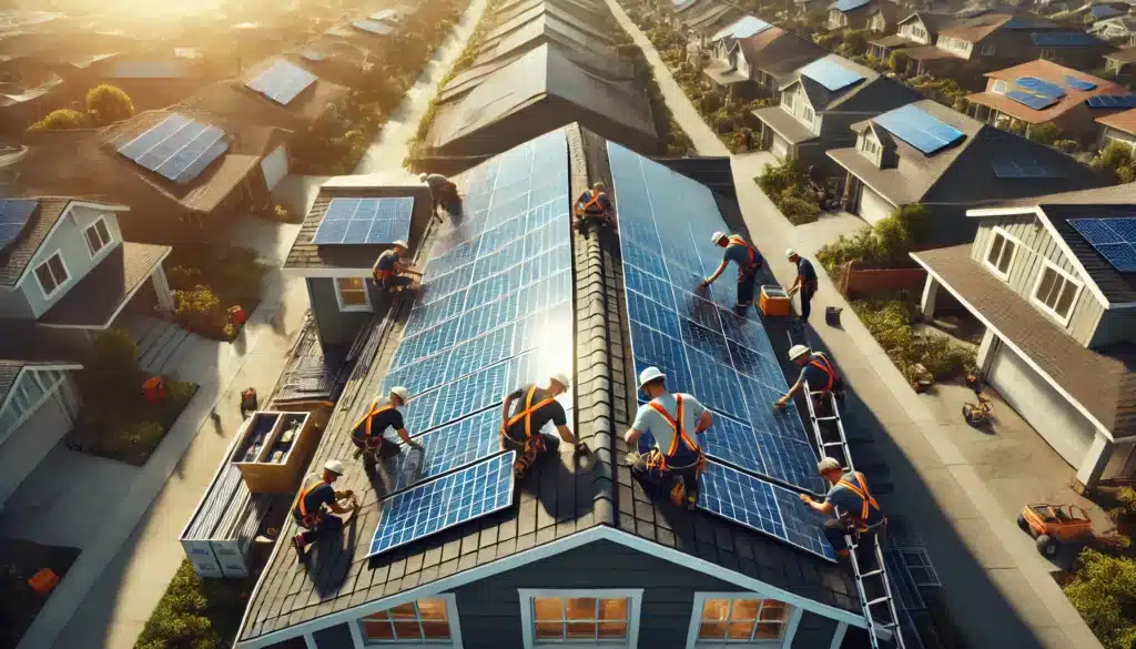 solar installers adding solar panels to an existing system on the roof of a house