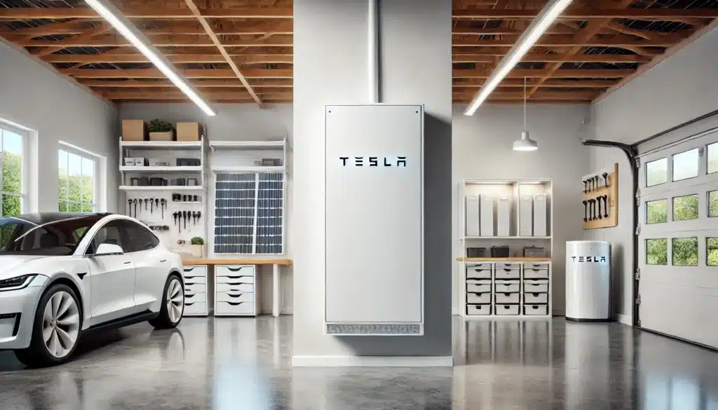 Tesla powerwall solar battery in a garage