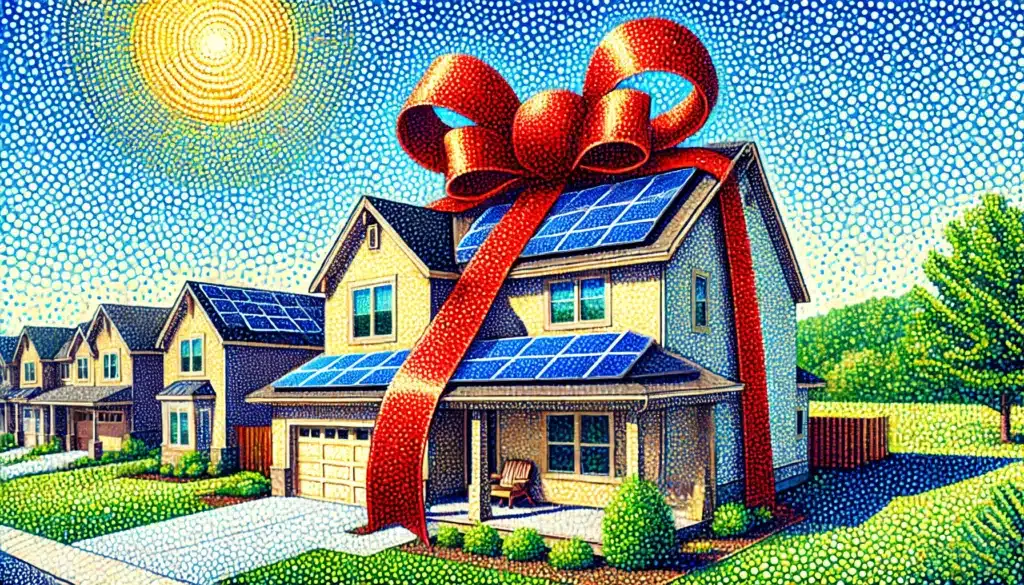 a house with solar panels on the roof wrapped in a big red bow.