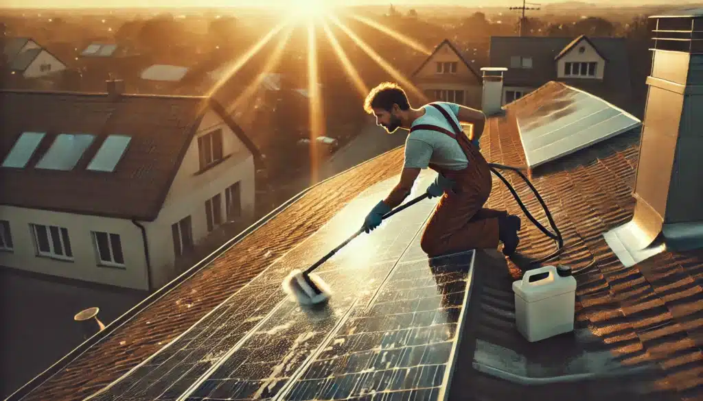 Maintenance man cleaning solar panels on the roof of a house.