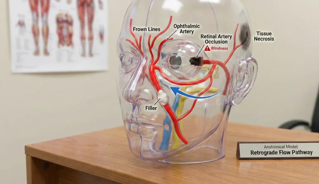 anatomical head model retrograde flow blindness risk