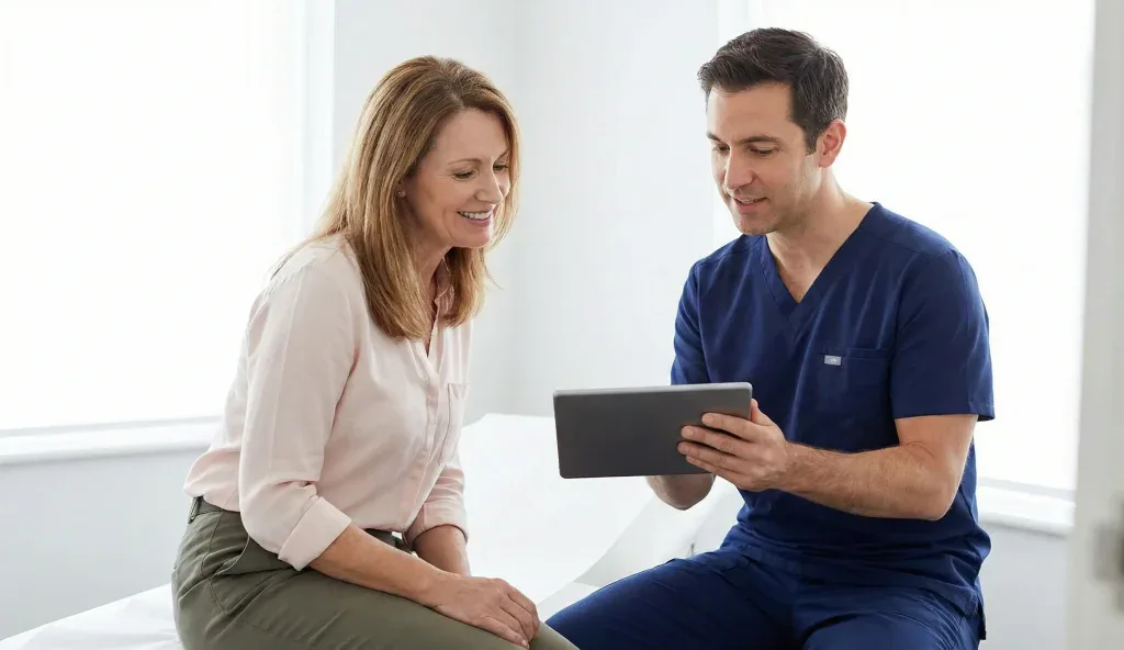 Arzt und Patient &uuml;berpr&uuml;fen langfristige Ergebnisse auf Tablet