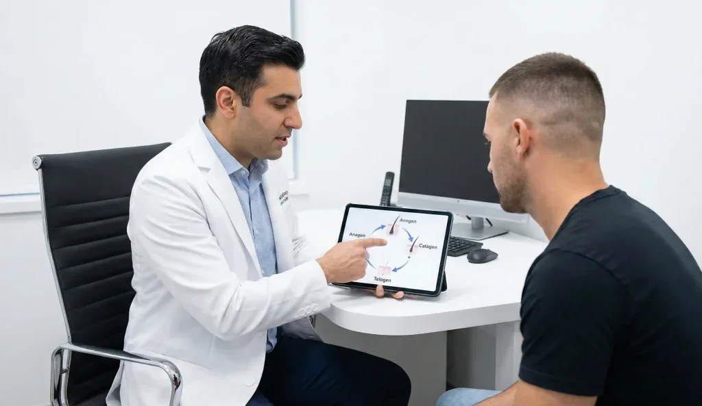 doctor explicând pacientului ciclul de creștere a părului