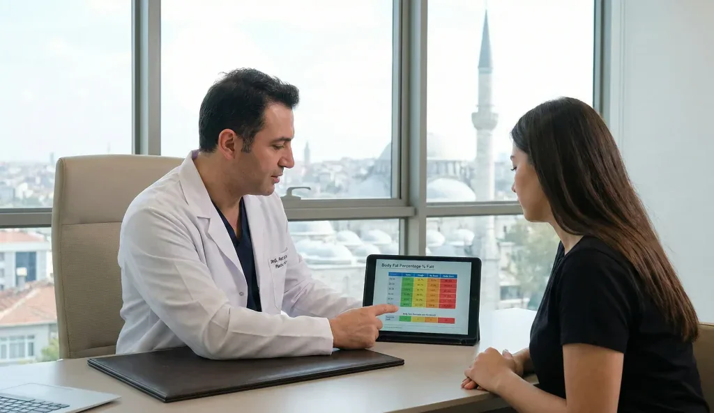consulta m&eacute;dico-paciente sobre liposucci&oacute;n en cl&iacute;nica de Estambul