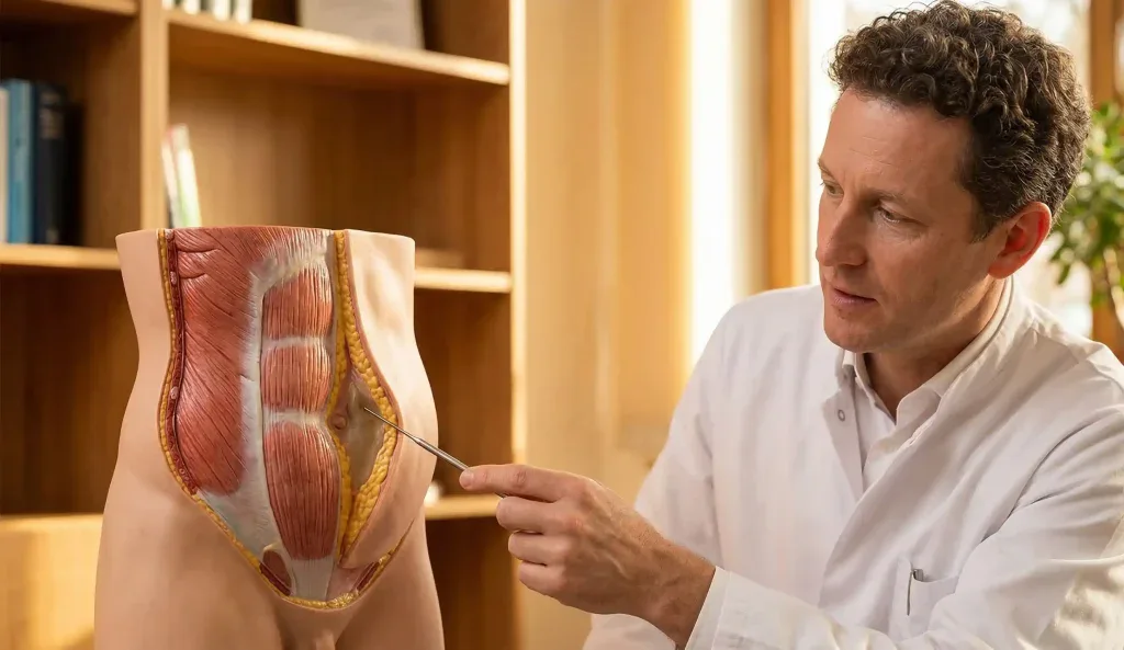 anatomisches Modell Arzt zeigt Lage des Seroms bei Bauchdeckenstraffung