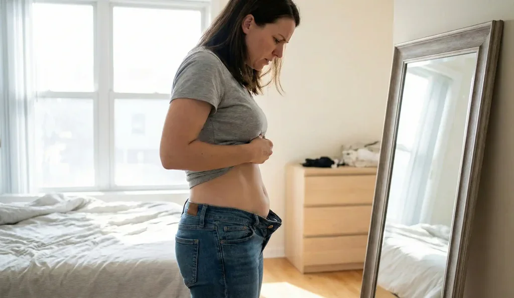 Frau, die den Mommy Pooch im Spiegel &uuml;berpr&uuml;ft