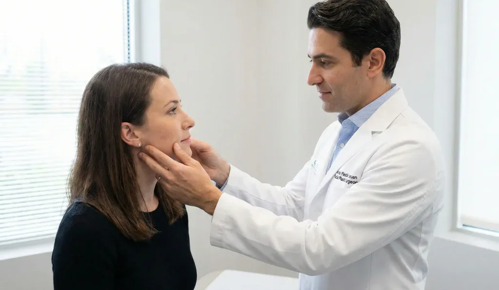 Arzt untersucht Gesichtsausdruck des Patienten