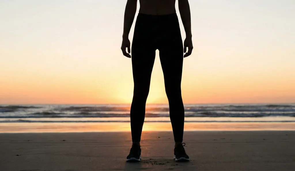 silhouette naturală a unei femei în formă cu spațiu între coapse pe plajă la apus