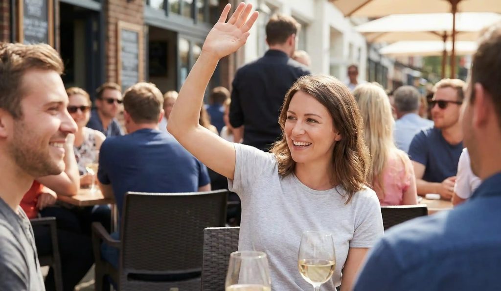 Person hebt den Arm, graues Hemd, schwitzfrei, Selbstvertrauen
