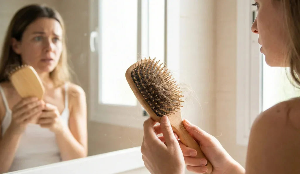 woman looking at hairbrush hair loss bathroom