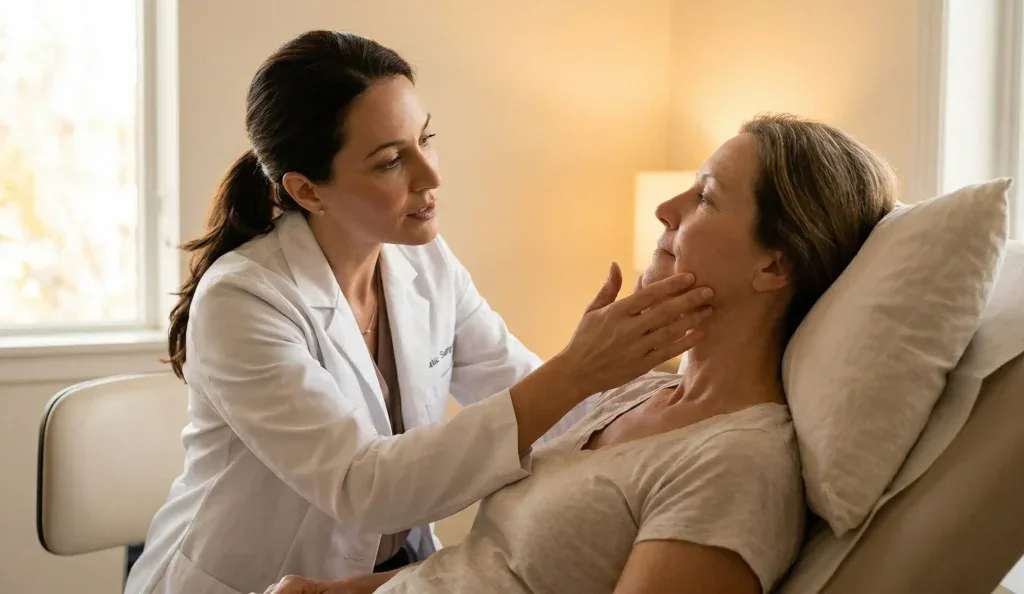 klinische Untersuchung Kopferhöhung Facelift Patient Arzt