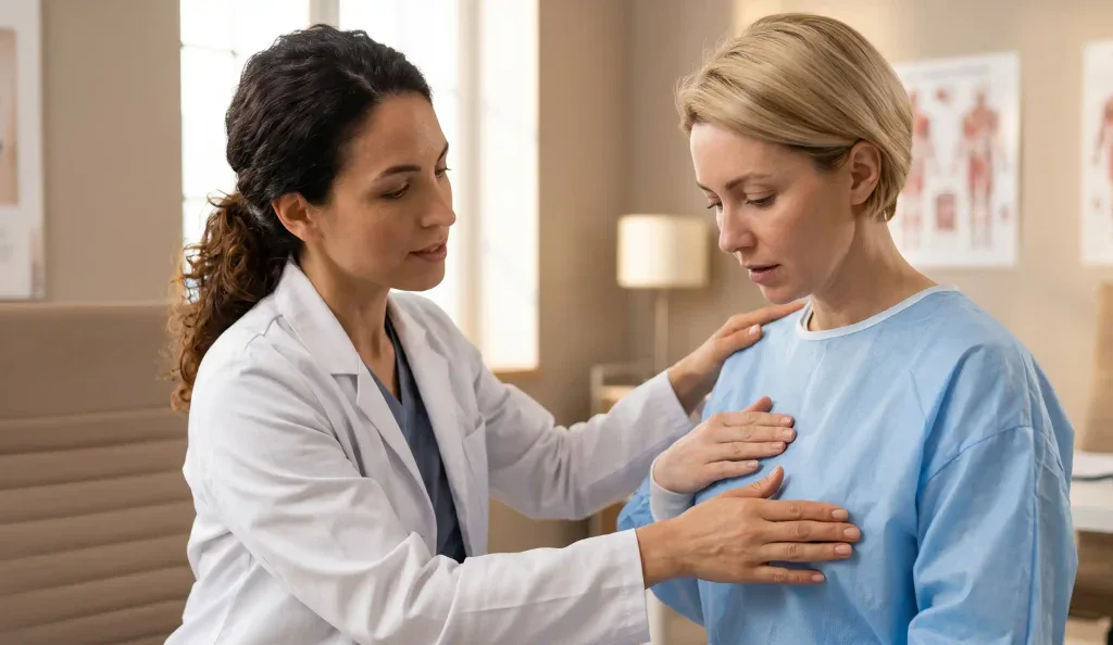 Kosmetischer Chirurg untersucht Brustgewebe des Patienten