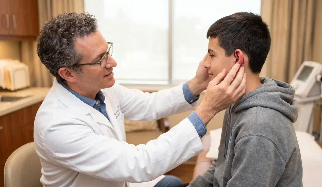 medico che controlla l'orecchio dopo otoplastica