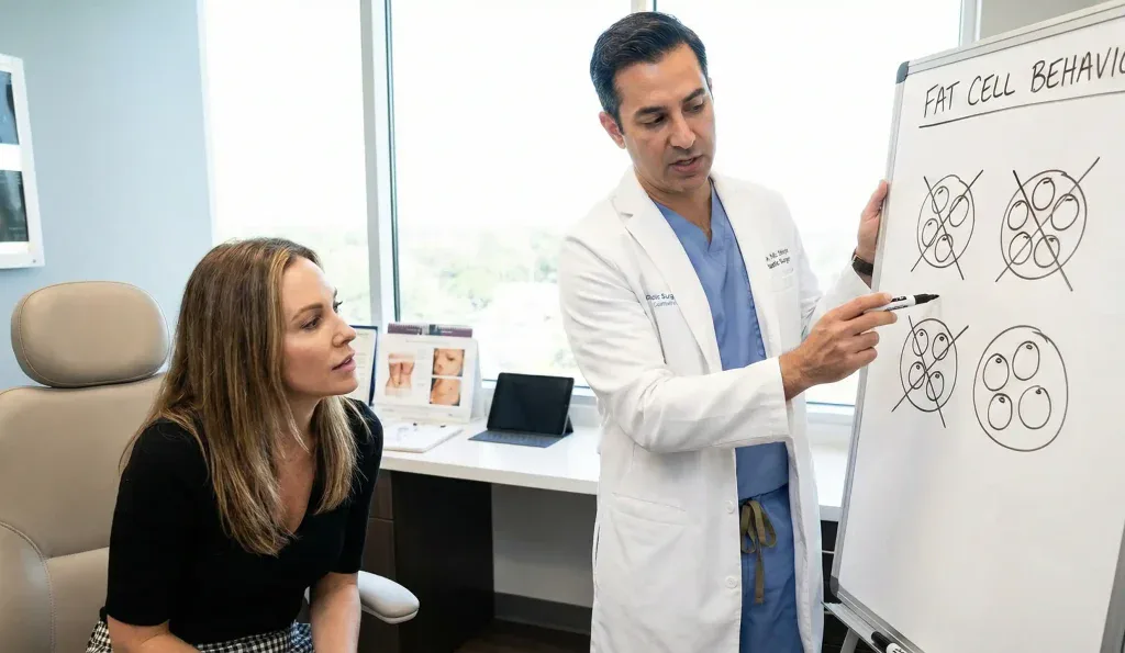 surgeon whiteboard fat cell removal explanation